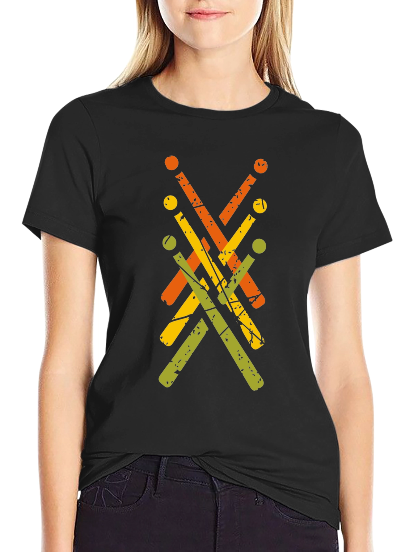 Camiseta Negra con Diseño Abstracto de Baquetas