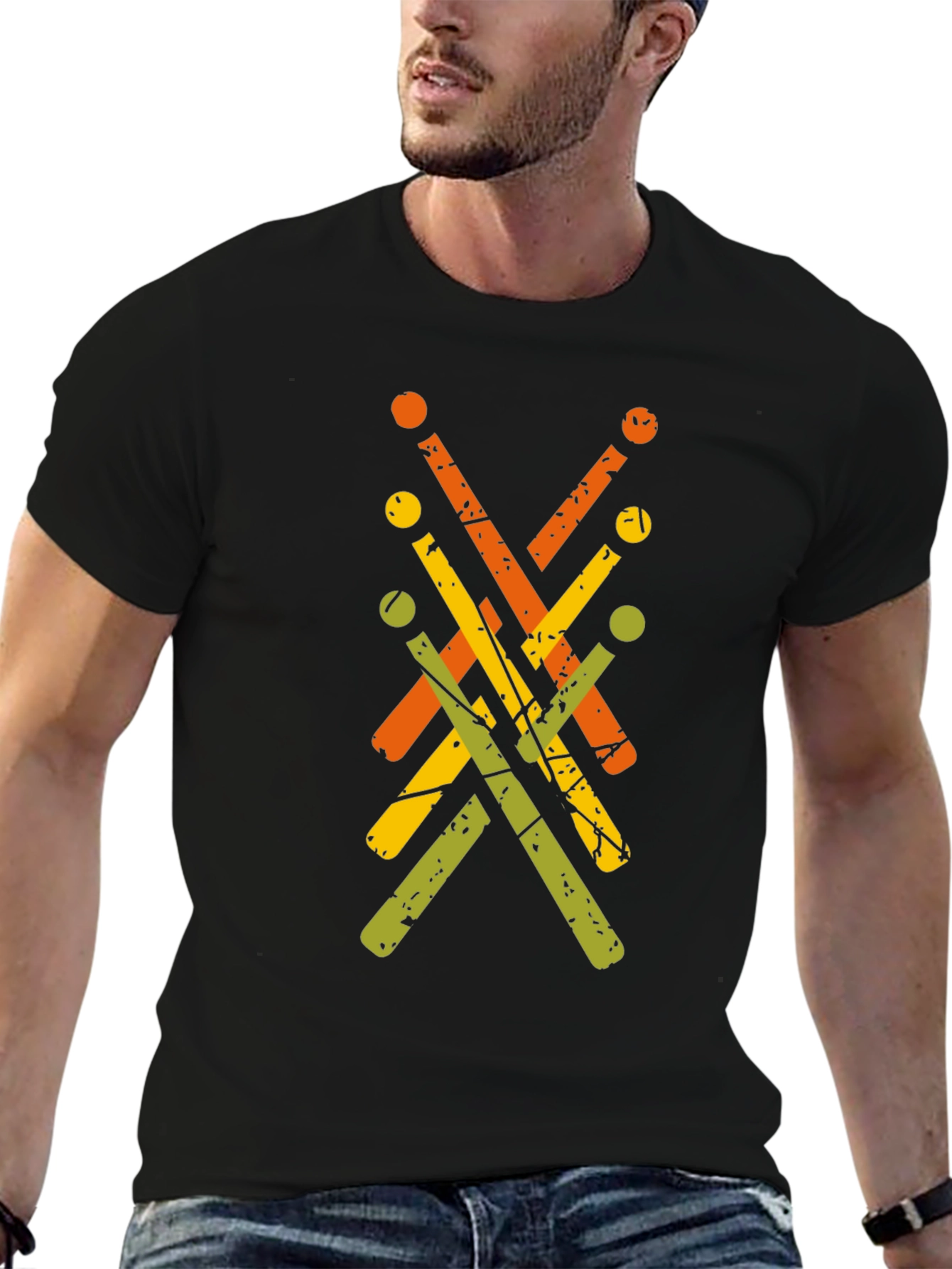 Camiseta Negra con Diseño Abstracto de Baquetas