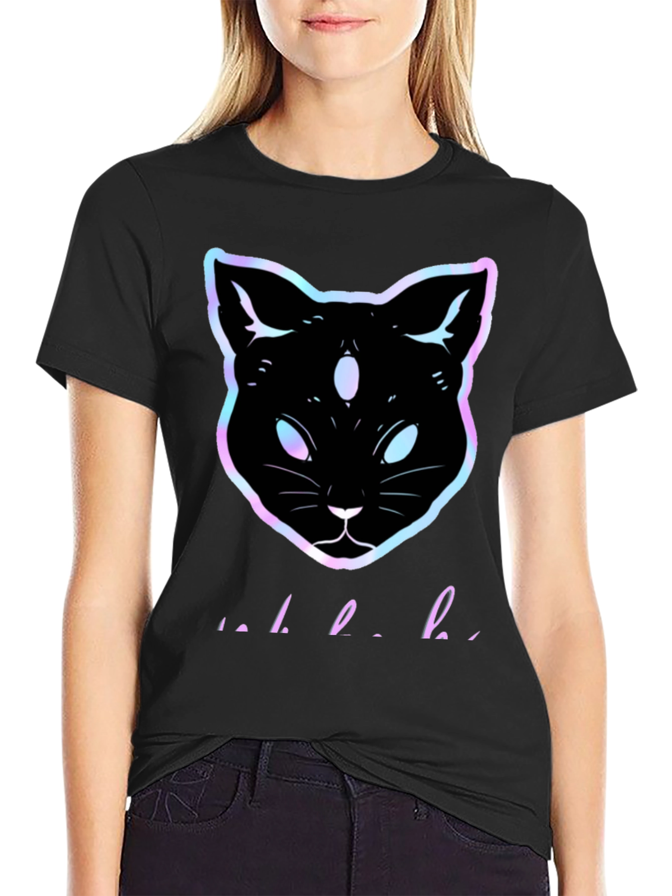 Camiseta Negra con Gato Holográfico