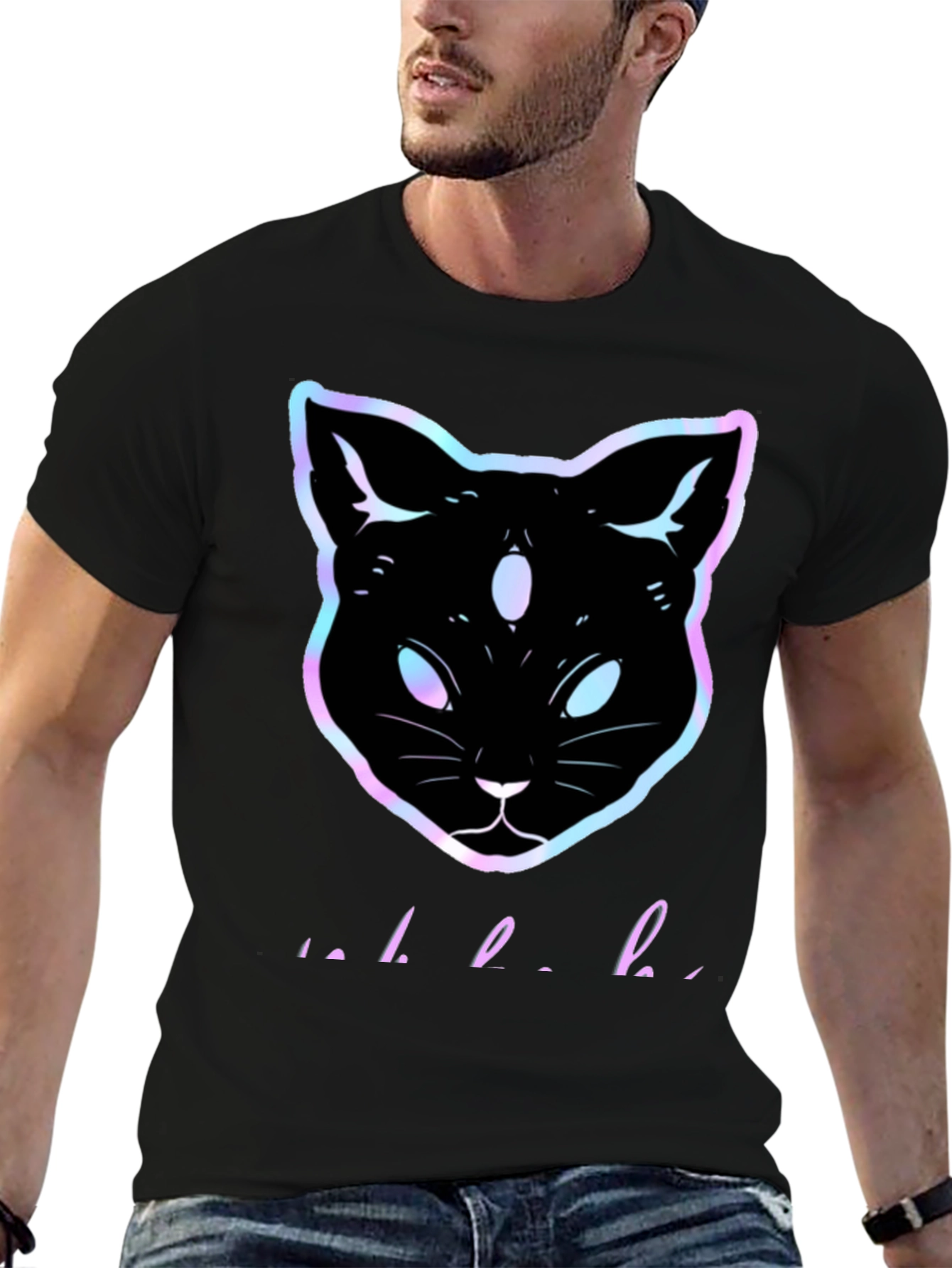 Camiseta Negra con Gato Holográfico