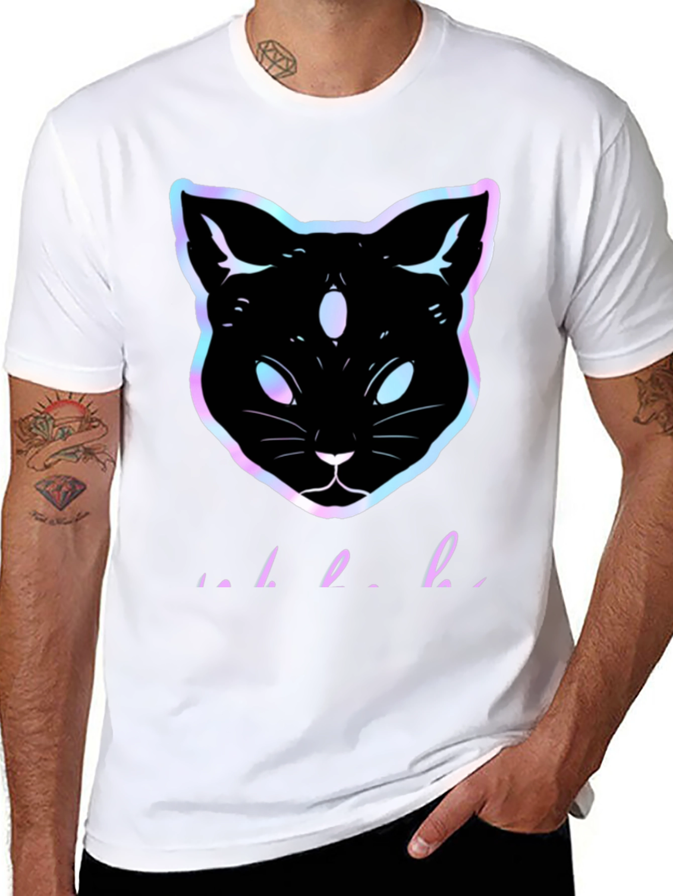Camiseta Negra con Gato Holográfico