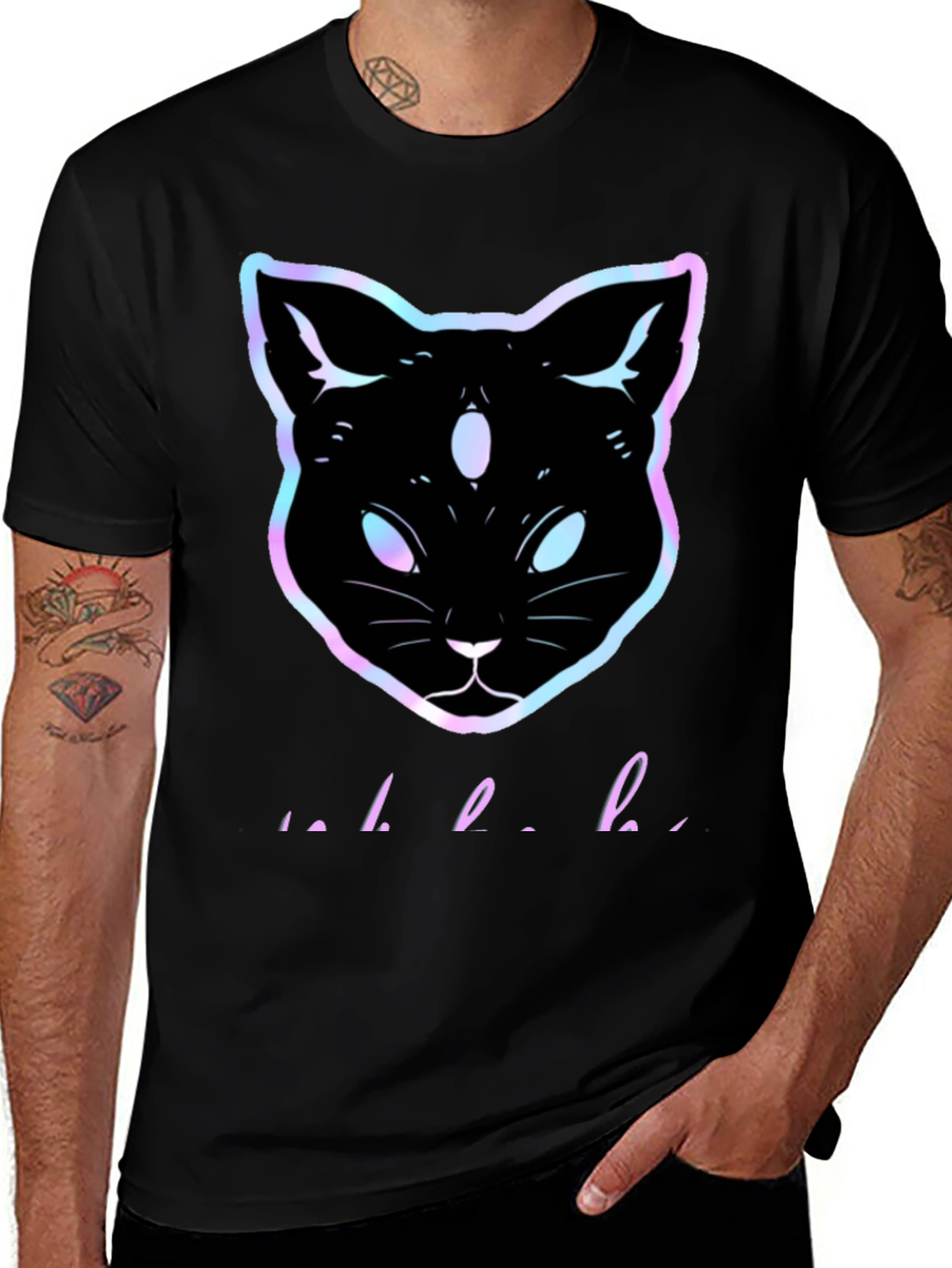 Camiseta Negra con Gato Holográfico
