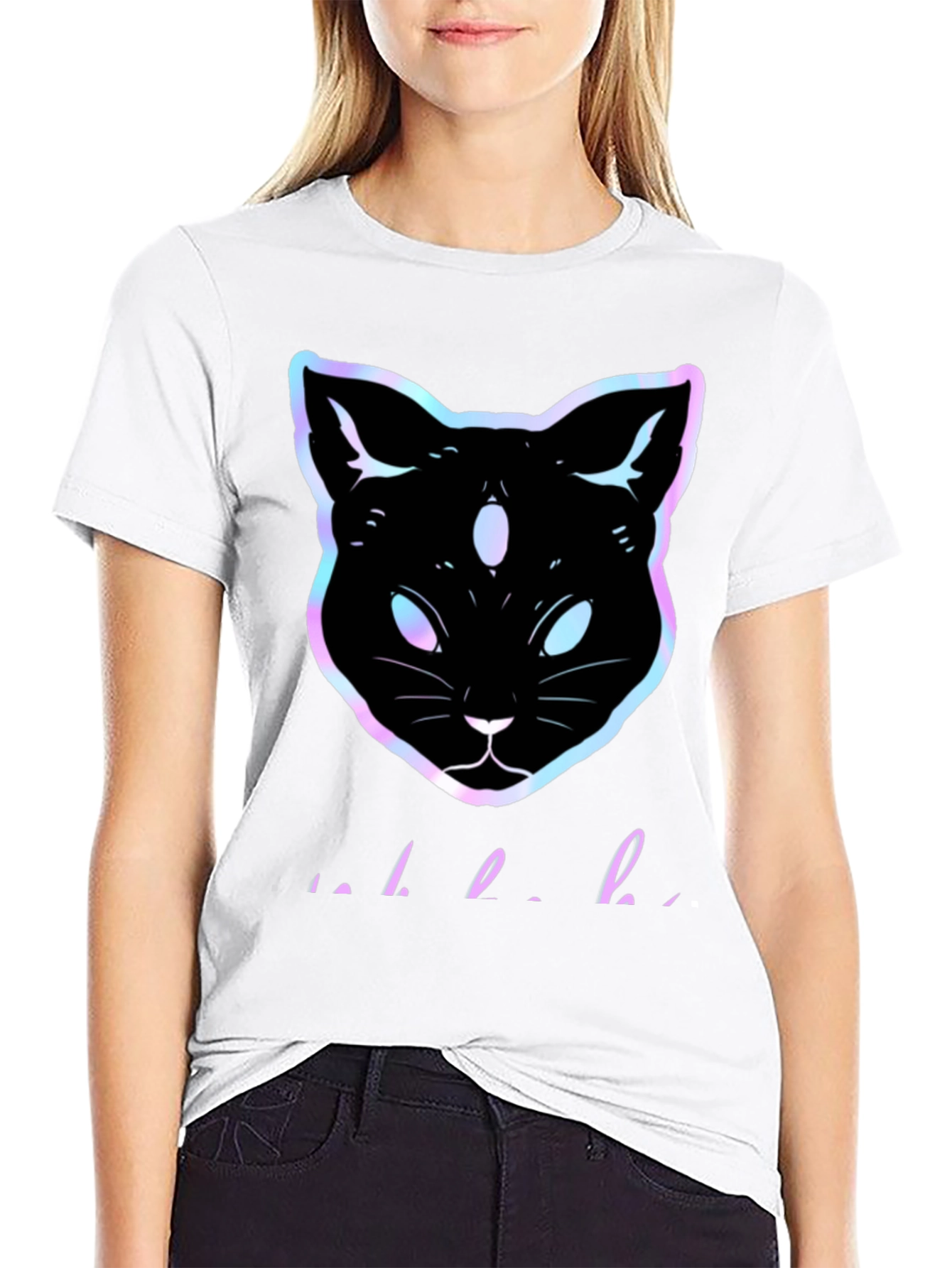Camiseta Negra con Gato Holográfico