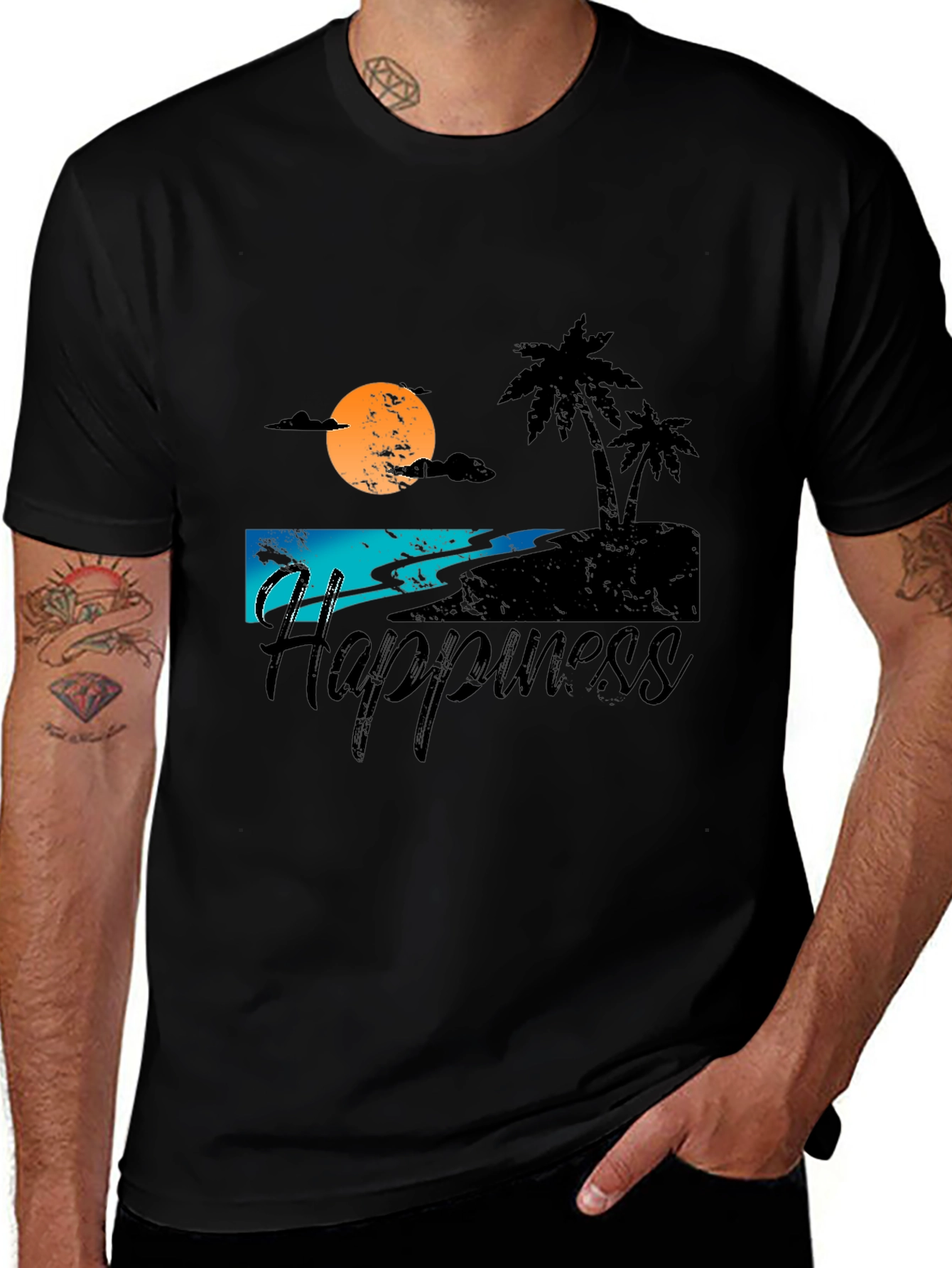 Camiseta Negra Estampada Happiness
