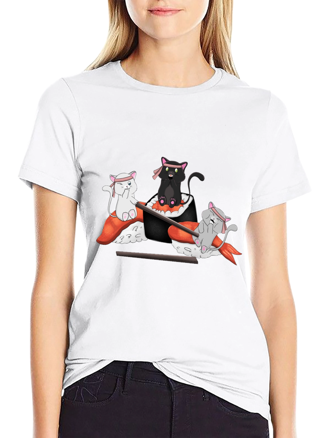 Camiseta Negra Estampada: Gatos Sushi Ninja