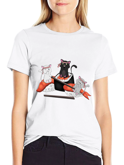 Camiseta Negra Estampada: Gatos Sushi Ninja
