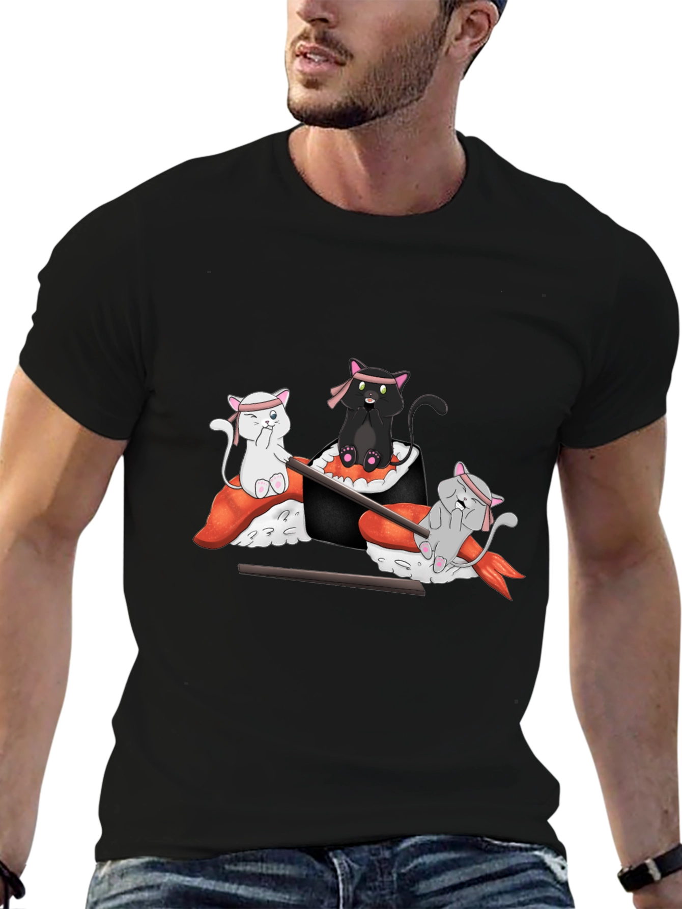Camiseta Negra Estampada: Gatos Sushi Ninja