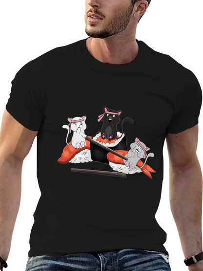 Camiseta Negra Estampada: Gatos Sushi Ninja