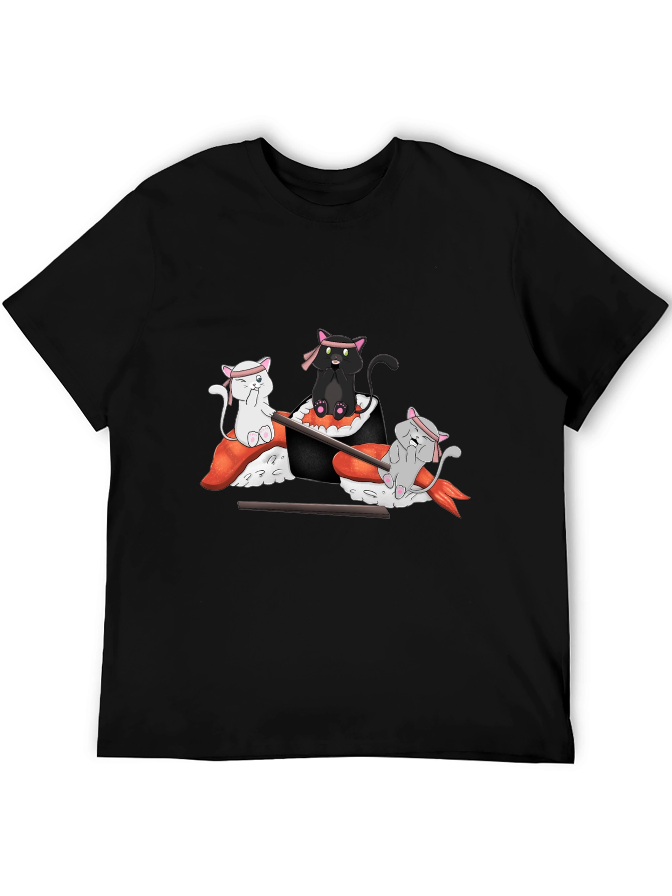 Camiseta Negra Estampada: Gatos Sushi Ninja