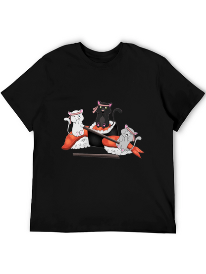 Camiseta Negra Estampada: Gatos Sushi Ninja