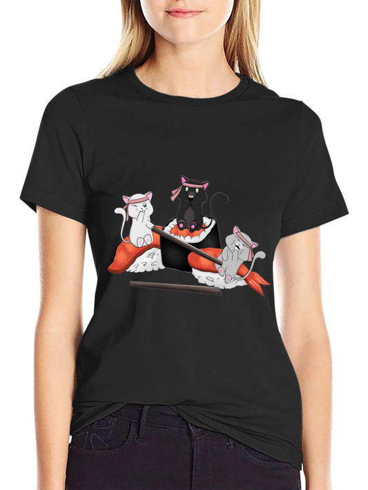 Camiseta Negra Estampada: Gatos Sushi Ninja