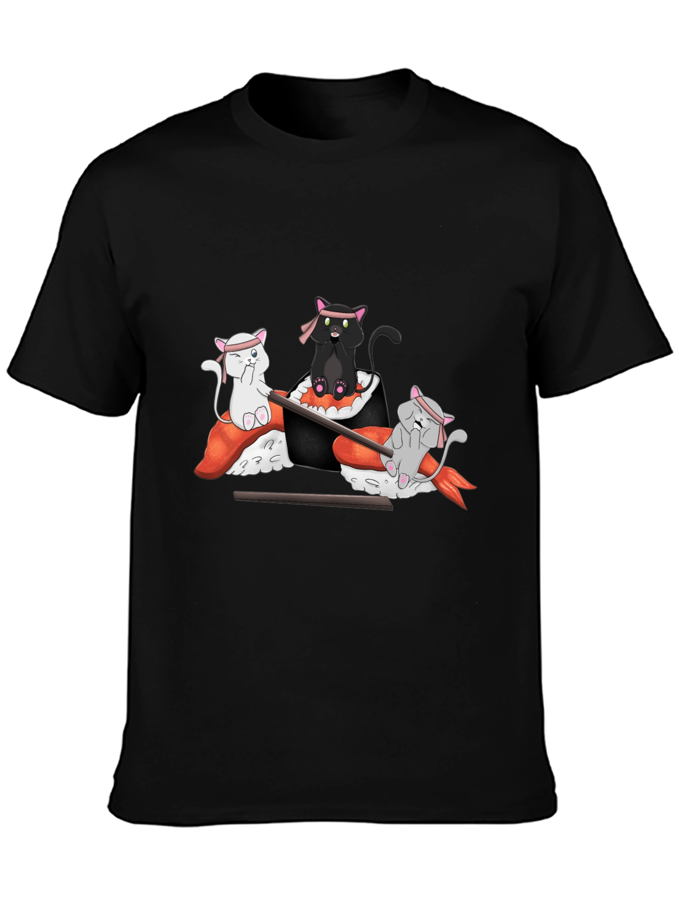 Camiseta Negra Estampada: Gatos Sushi Ninja
