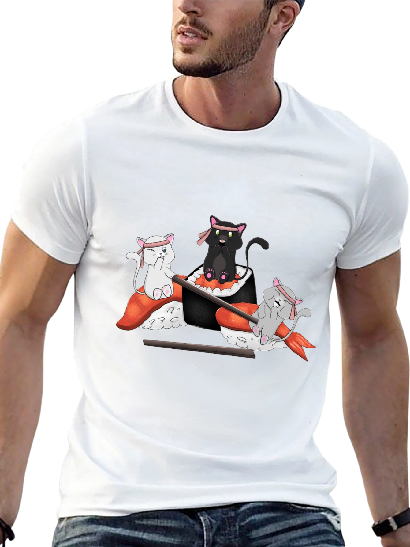 Camiseta Negra Estampada: Gatos Sushi Ninja