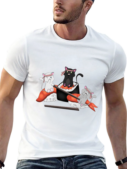 Camiseta Negra Estampada: Gatos Sushi Ninja
