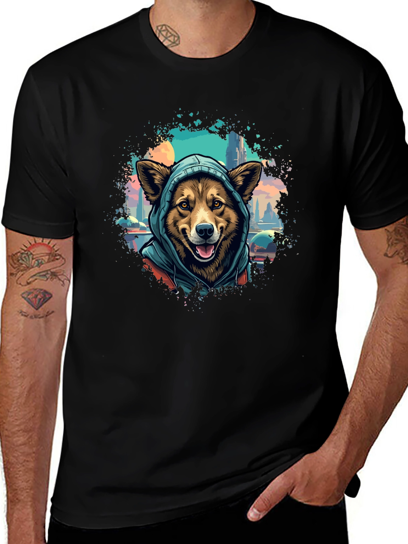 Camiseta Negra con Diseño de Perro con Capucha