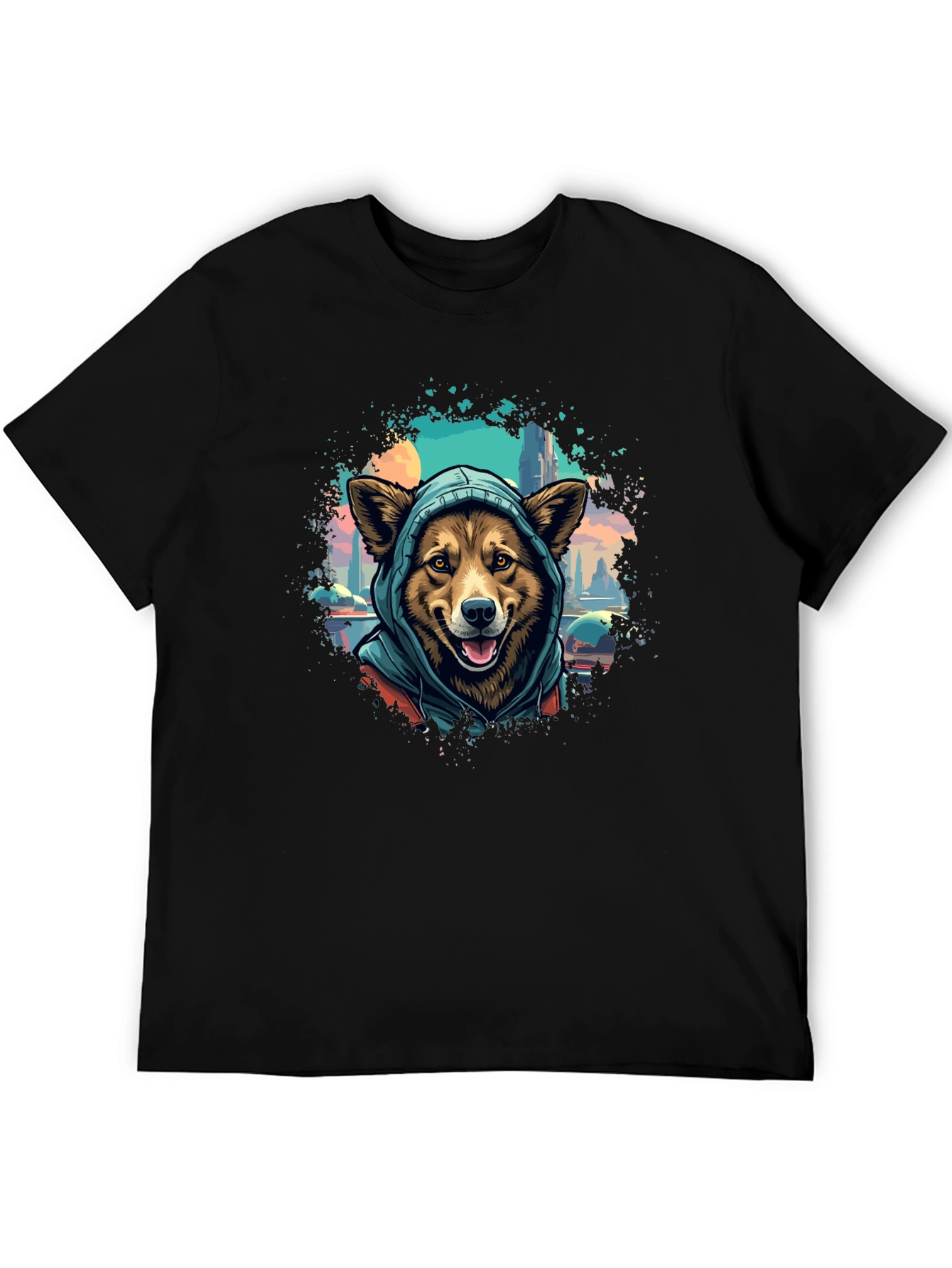 Camiseta Negra con Diseño de Perro con Capucha