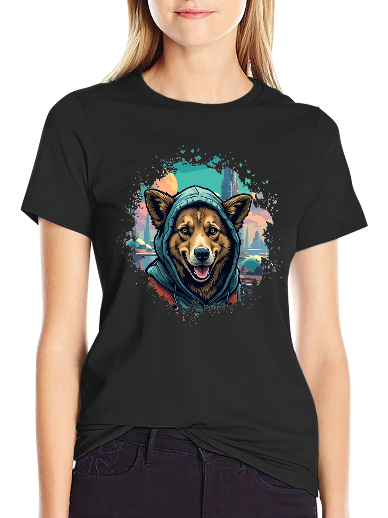 Camiseta Negra con Diseño de Perro con Capucha