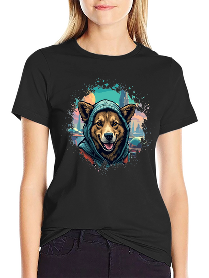 Camiseta Negra con Diseño de Perro con Capucha