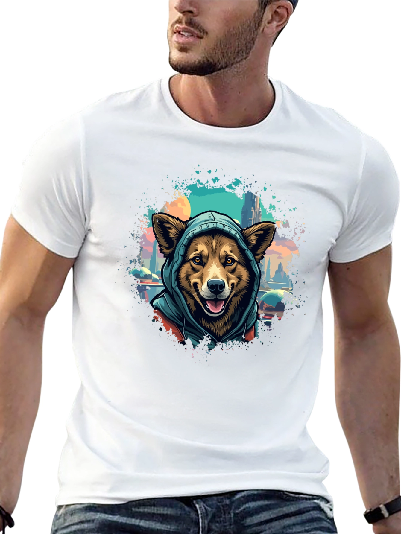 Camiseta Negra con Diseño de Perro con Capucha