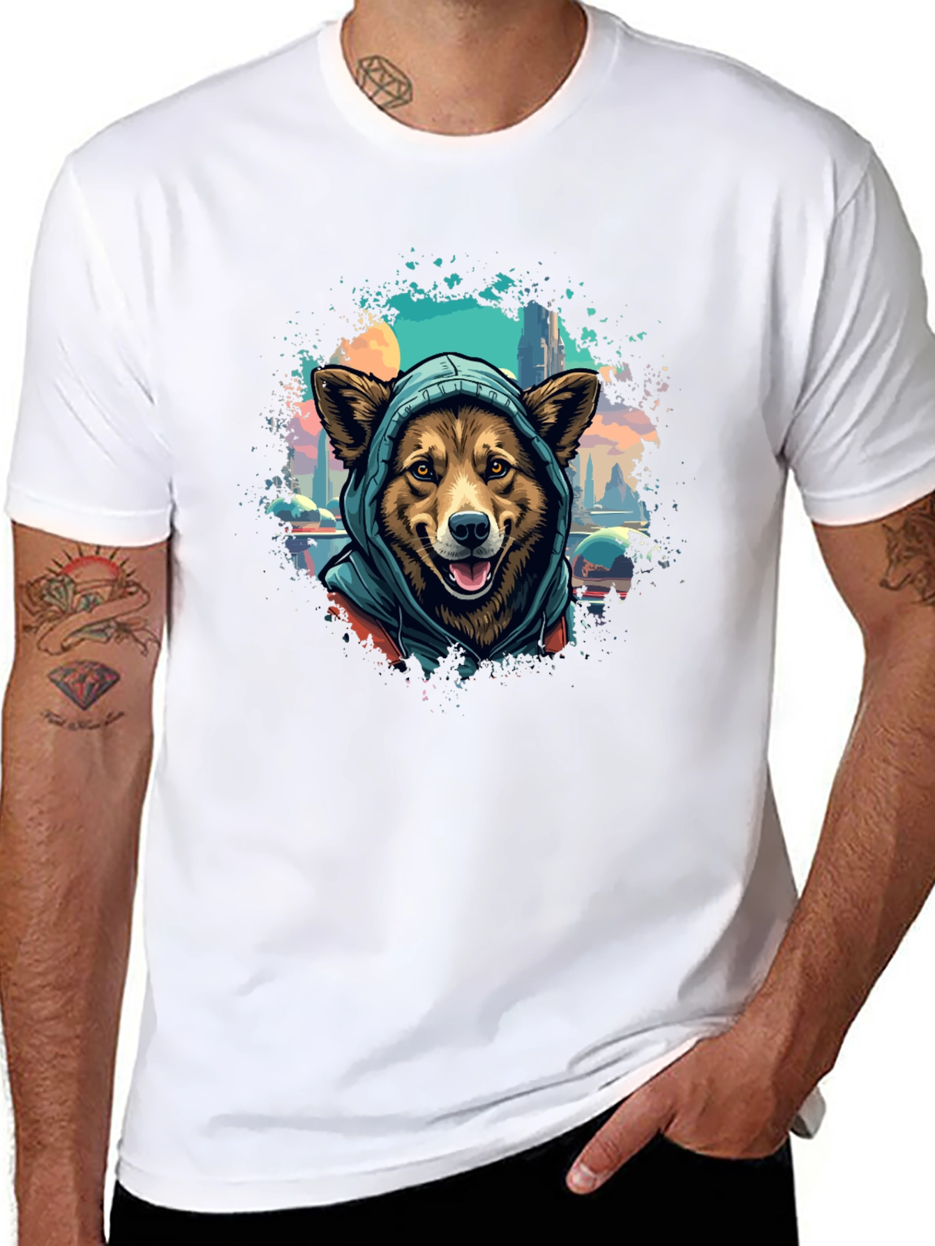 Camiseta Negra con Diseño de Perro con Capucha