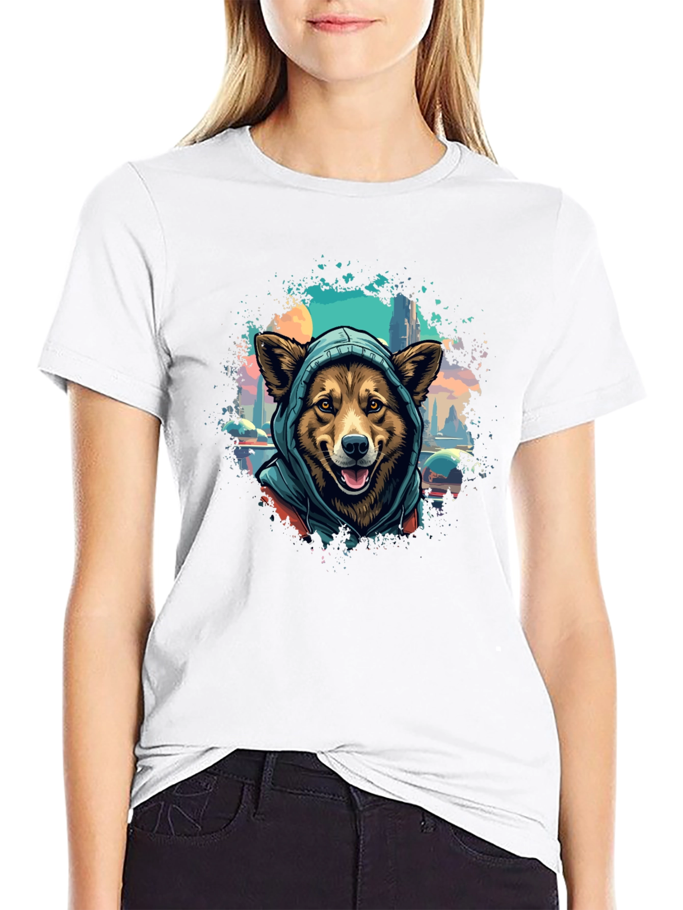 Camiseta Negra con Diseño de Perro con Capucha